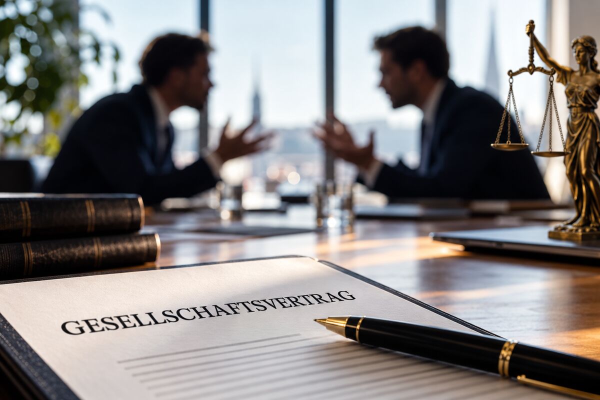 Gesellschaftsvertrag auf dem Besprechungstisch, im Hintergrund zwei Gesellschafter im Gespräch – Konfliktlösung und Einigung zwischen Gesellschaftern