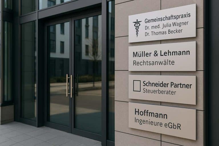 Schilder von Firmen und eGbRs an einem Bürogebäude