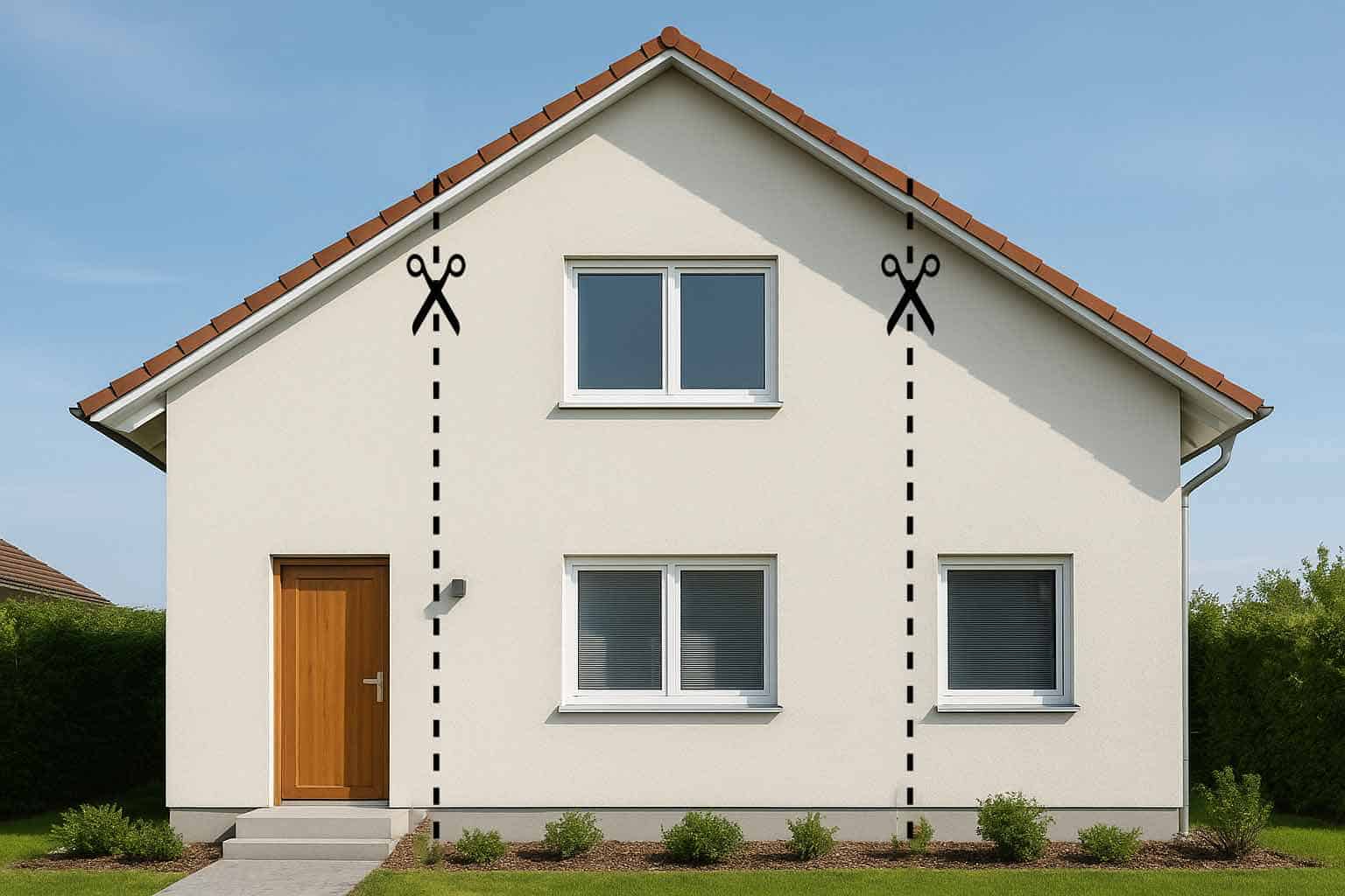 Haus, bei dem durch Trennstriche eine mögliche Aufteilung innerhalb der Erbengemeinschaft angedeutet wird.